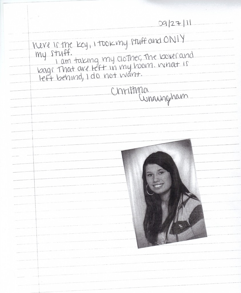 Christina's 9-27-11 runaway note after being thwarted in her emancipation hearing